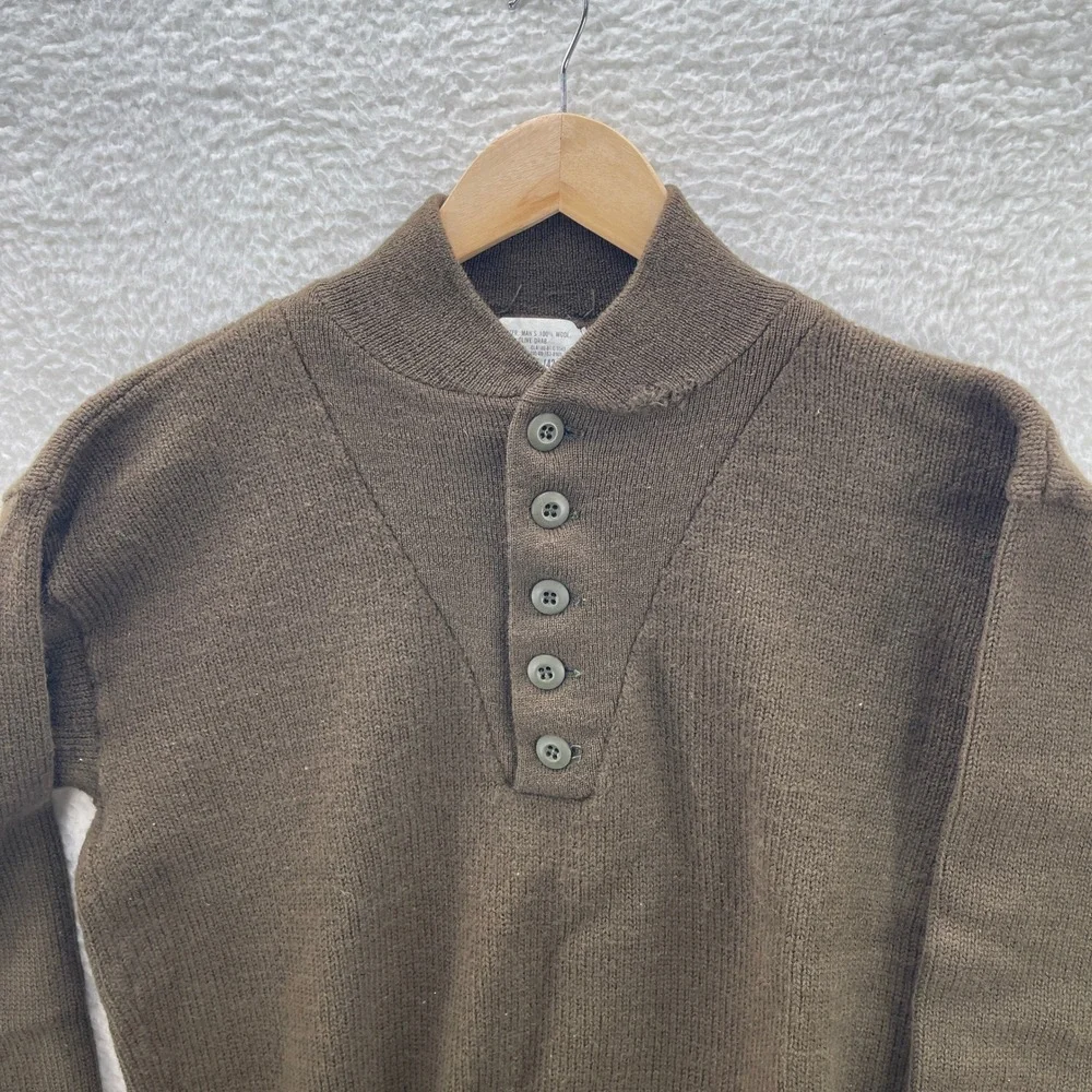 Vintage US Military Sweater Mens Large OD Green Henley Wool 5 Button GI Army